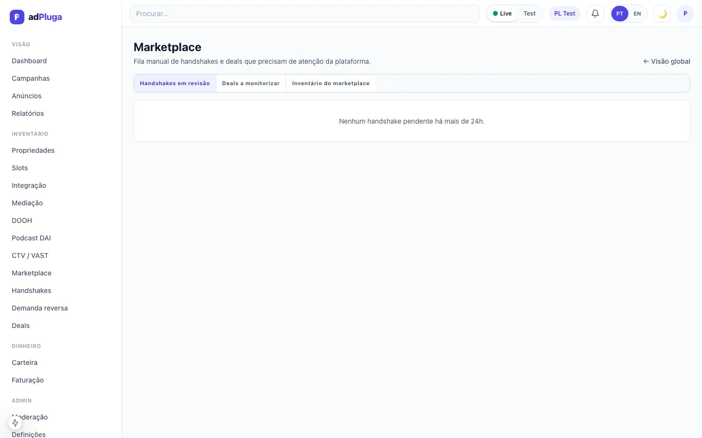 Painel de administração do marketplace